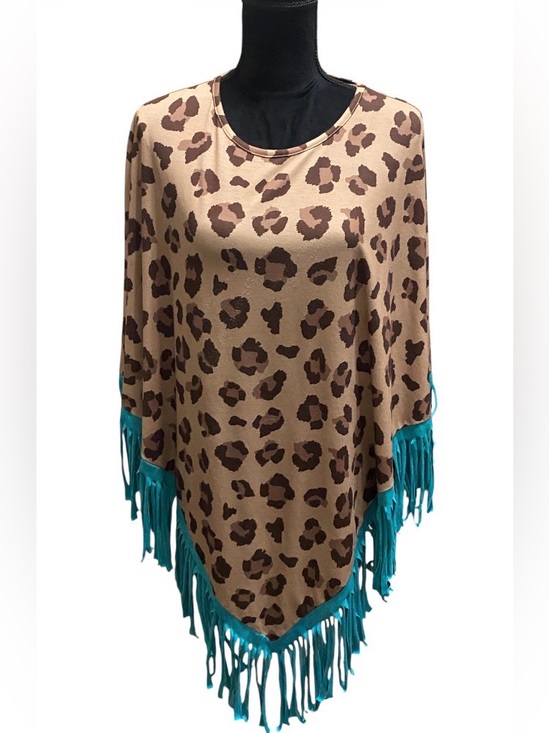 Southern Stitch Other - Southern Stitch Leopard Poncho with Teal Fringe
